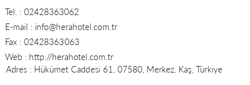 Hera Hotel telefon numaralar, faks, e-mail, posta adresi ve iletiim bilgileri